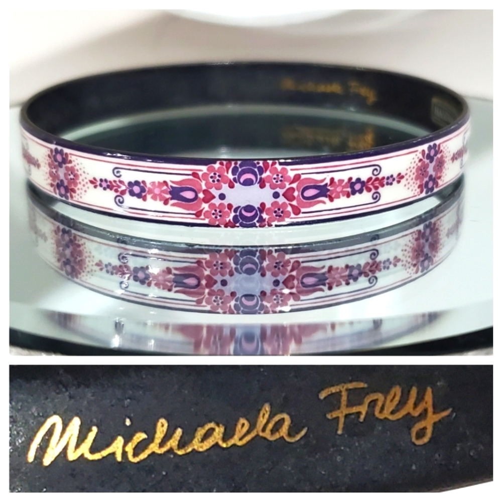 Stunning Vintage MICHAELA FREY WILLE Floral Enamel Bangle Bracelet